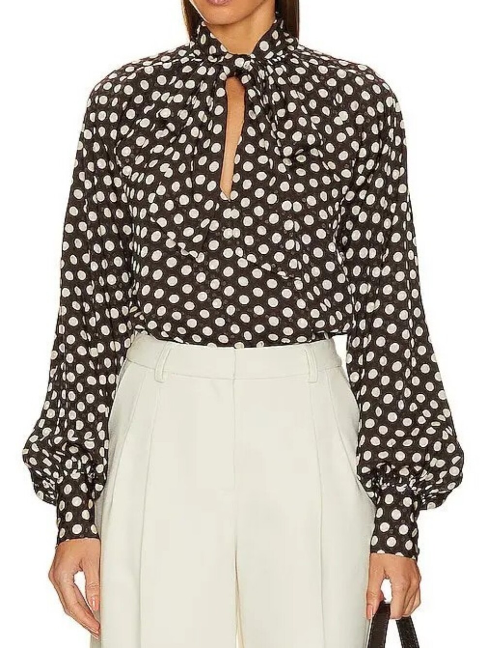 L'Academie Polka Dot Tie-Neck Blouse - Brown and White